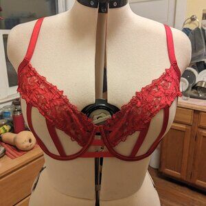 VS VS Satin Ziggy Glam Floral Embroidery Strappy Open-Cup Bra in Lipstick Red